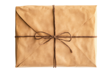 Antique parchment document tied with twine isolated on transparent background. Brown paper envelope sealed showing texture and natural color isolated on white background.