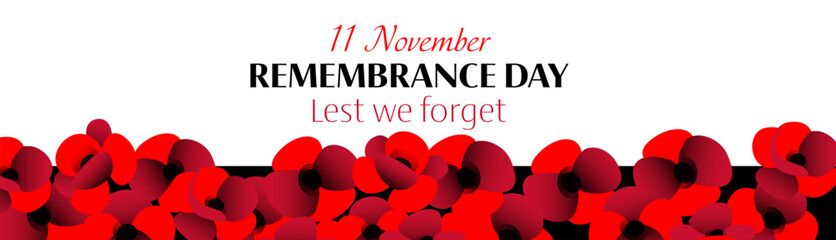Vector illustration of remembrance day hd banner with red poppies on white and black background
