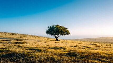 Obraz premium Solitary tree atop a golden hilltop.