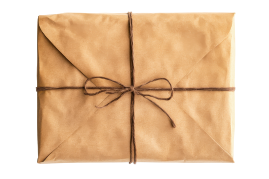 Antique parchment document tied with twine isolated on transparent background. Brown paper envelope sealed showing texture and natural color isolated on white background. - Powered by Adobe