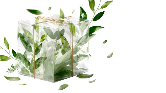3D minimal spa gift box with botanical elements, transparent background