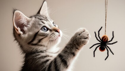 Playful kitten reaching for a spider toy on a neutral background  