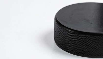 Close-up shot of a hockey puck on a white surface, emphasizing the texture and detail of the black rubber disc used in ice hockey games and sports equipment, highlighting the game.