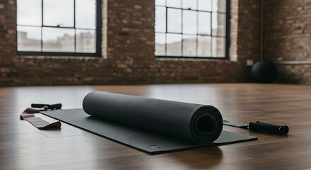 Yoga Mat and Resistance Band on Wooden Floor