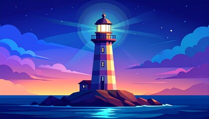 Lighthouse at night, vibrant colors