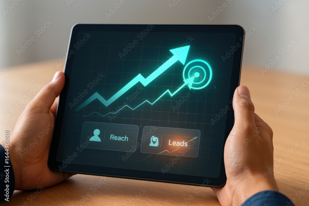 Poster lead generation dashboard with upward arrow and target icon showing growth on tablet