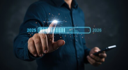 Digital Transformation From 2025 To 2026 Man Touching Loading Bar with Mobile Phone