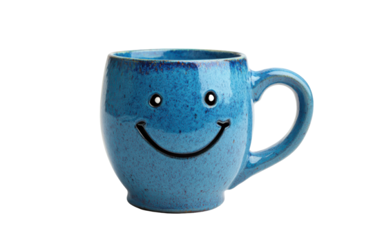 Blue ceramic mug with a happy smiley face isolated on transparent background. Cheerful blue mug with smiling face design isolated on white background.