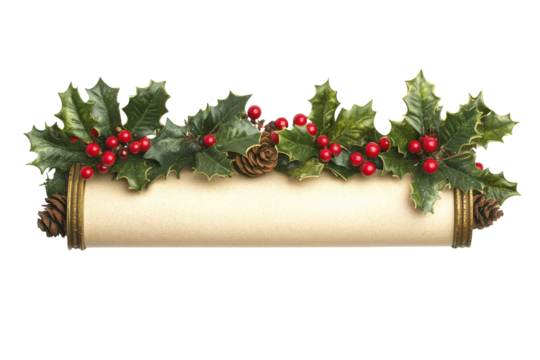 Vintage scroll decorated with holly and berries isolated on transparent background. Christmas scroll paper with holly and berries at the top isolated on white background.