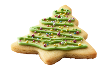 Christmas tree shaped cookie decorated with green icing and sprinkles isolated on transparent background. Christmas tree shaped with green icing and colorful sprinkles isolated on white background.