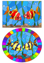 A set of illustrations in stained glass style with a pair of barbs on the background of water and algae
