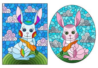 Set of illustrations instyle of stained glass window with cute cartoon rabbits onbackground of green meadow 