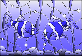 An illustration in stained glass style with a pair of barbs on the background of water and algae, tone blue