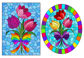 Set of illustrations in the stained glass style with a bouquets of tulips on a blue background