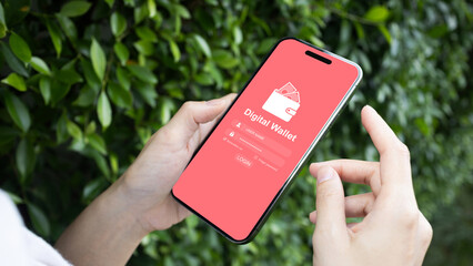 Businessman using Digital Wallet on smartphone.E-wallet, digital money blockchain, transfer,Online Payment, Transactions, Mobile banking, credit card, financial, and global business online.