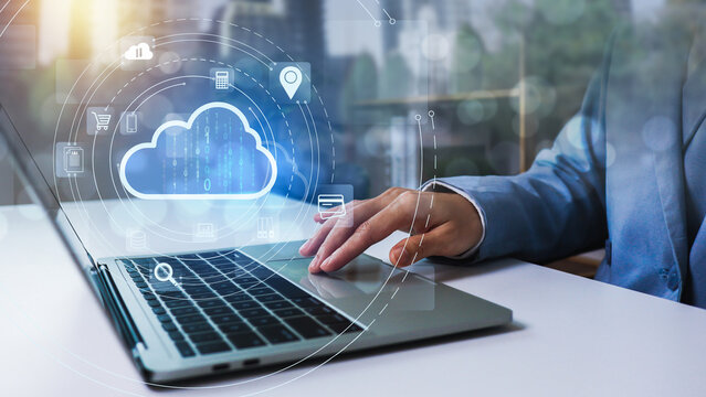 Cloud computing and database information technology server.Businessman hosting Cloud technology. Data storage. Networking and internet service concept. DMS data management system online