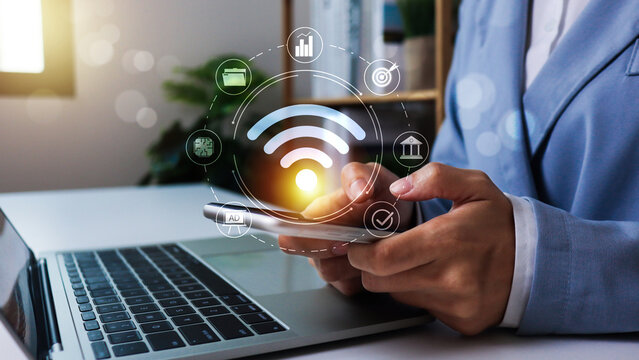 Wifi internet access concept. man using smartphone connect communication, social network, business contact, online shopping via internet wifi hotspot high speed. Fast internet wifi hotspot sharing.