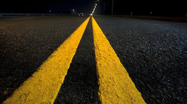 Close-up view of two parallel yellow lines on a dark asphalt road at night.
