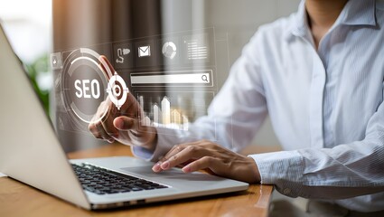 SEO Specialist Working on Laptop with Digital Marketing Interface Displayed