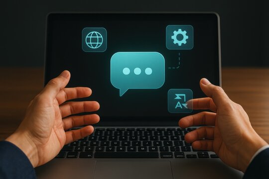 AI Language Interface Displaying Chat Bubble and Global Communication Icons on Laptop Screen