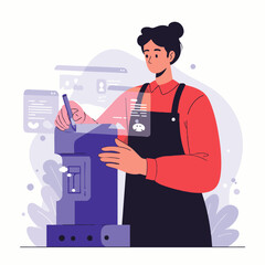 A woman in a modern office setting uses a virtual interface to manage tasks, showcasing digital collaboration and tech-enabled work in a flexible environment.