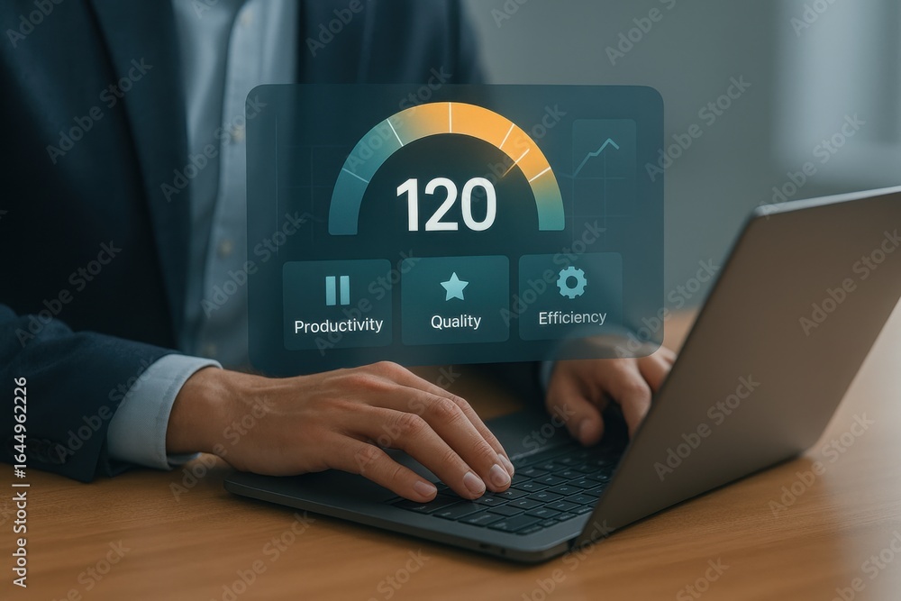 Poster business performance dashboard displaying productivity, quality, and efficiency metrics