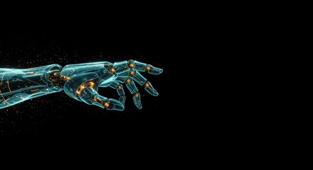 Futuristic robot hand reaching out on black background symbolizing artificial intelligence technology