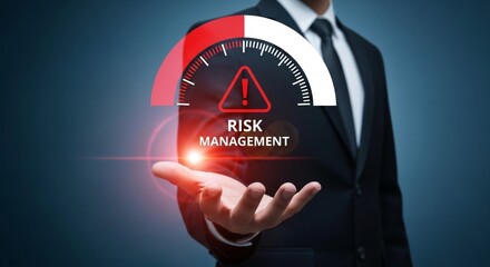 Businessman Holding Risk Management Icon &ndash; Corporate Safety and Strategy Concept.