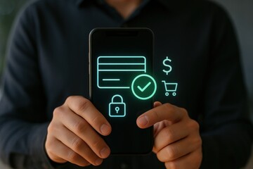 Mobile Payment Approval Interface Showing Credit Card, Checkmark and Lock Security Icons
