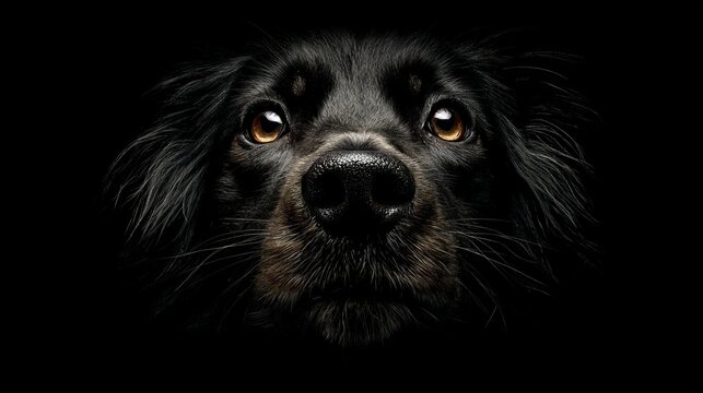 Front facing portrait of a black long haired dog with golden eyes looking up against a dark minimalist background