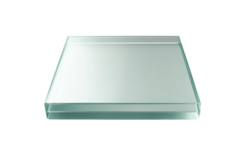 Clear glass square block isolated on transparent background. Clear glass square panel floating in space with a white edge showcasing a sleek isolated on white background.