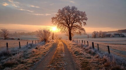 Sunrise frost-covered country road
