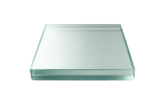 Clear glass square block isolated on transparent background. Clear glass square panel floating in space with a white edge showcasing a sleek isolated on white background.