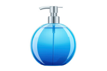 Blue liquid soap dispenser isolated on transparent background. Clear pump bottle with blue liquid isolated on white background.
