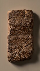 Aged clay tablet showing Sumerian cuneiform writing, rough texture, soft shadows on neutral stone background