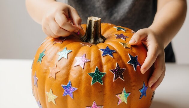 Child decorating pumpkin with colorful star stickers for Halloween  