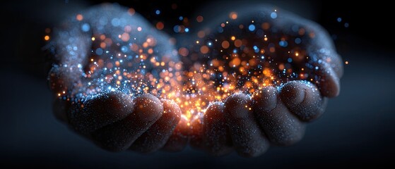 Sparkling light particles held in cupped hands