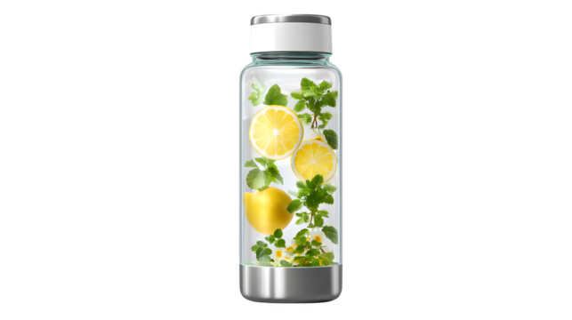 3D wellness water bottle with infuser, health product mockup, transparent background