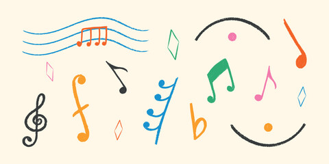 Musical Note set. Hand drawn crayon texture. Doodle music Icons. Сolor chalk elements, wax crayons shapes for school poster, disco, punk rock party. Flat isolated children vector illustration. 