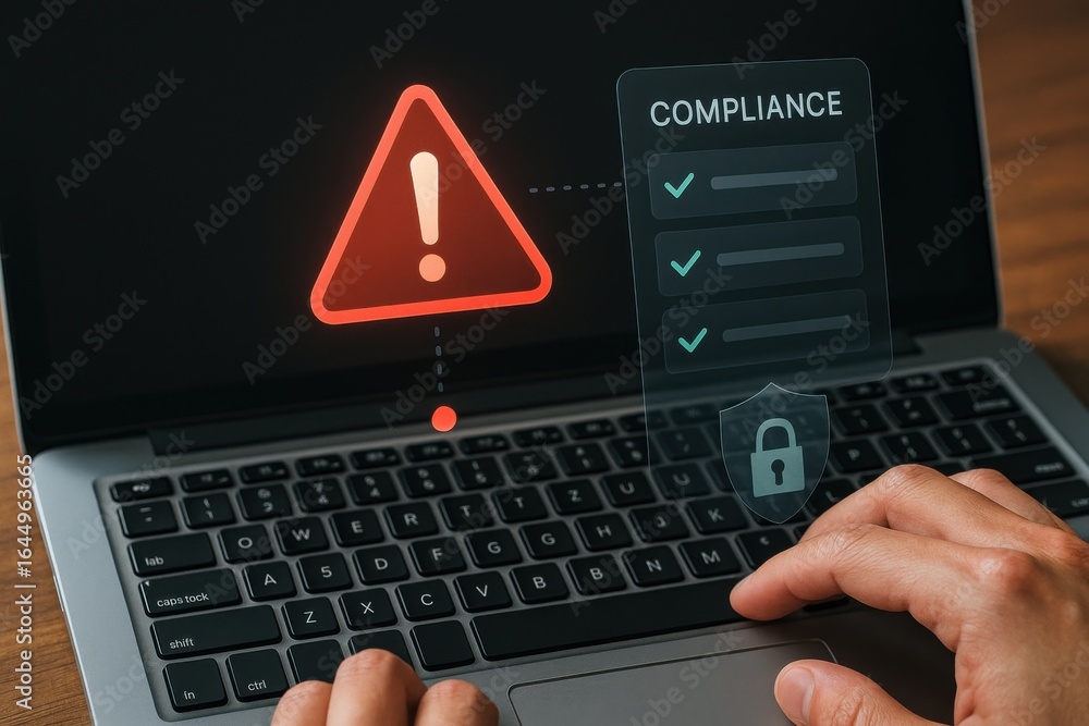 Poster compliance alert interface showing warning icon and secure checklist on laptop display