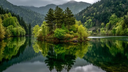 Fototapeta premium Serene mountain lake with forested island reflecting pine trees and mountains on calm water in lush green landscape.
