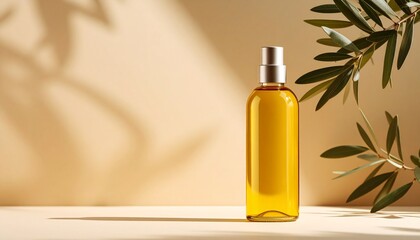 Fototapeta premium A bottle of olive oil on a plain background