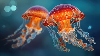 Two vibrant orange-red jellyfish, translucent and detailed, float against a deep teal-blue underwater backdrop