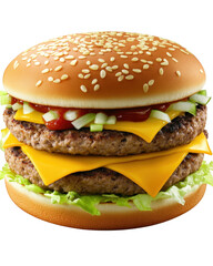 Double cheeseburger with beef patties, cheese, lettuce, and tomato isolated on transparent background