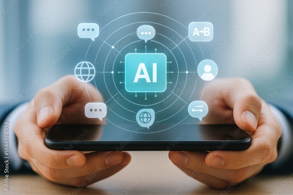 Aufkleber artificial intelligence communication interface showing global icons, chat bubbles and user symbols