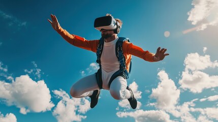 Person in a skydiving suit wearing virtual reality glasses in mid-air.
