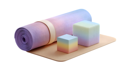 3D yoga starter kit with rolled mat and block, pastel tones, transparent background
