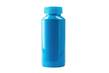 Blue pump bottle dispenser isolated on transparent background. Compact blue detergent bottle with flip top cap ideal for laundry and cleaning purposes isolated on white background.