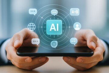 Artificial Intelligence Communication Interface Showing Global Icons, Chat Bubbles and User Symbols
