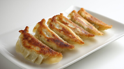 焼き目のついた焼き餃子が白いシンプルな皿に並んだ写真